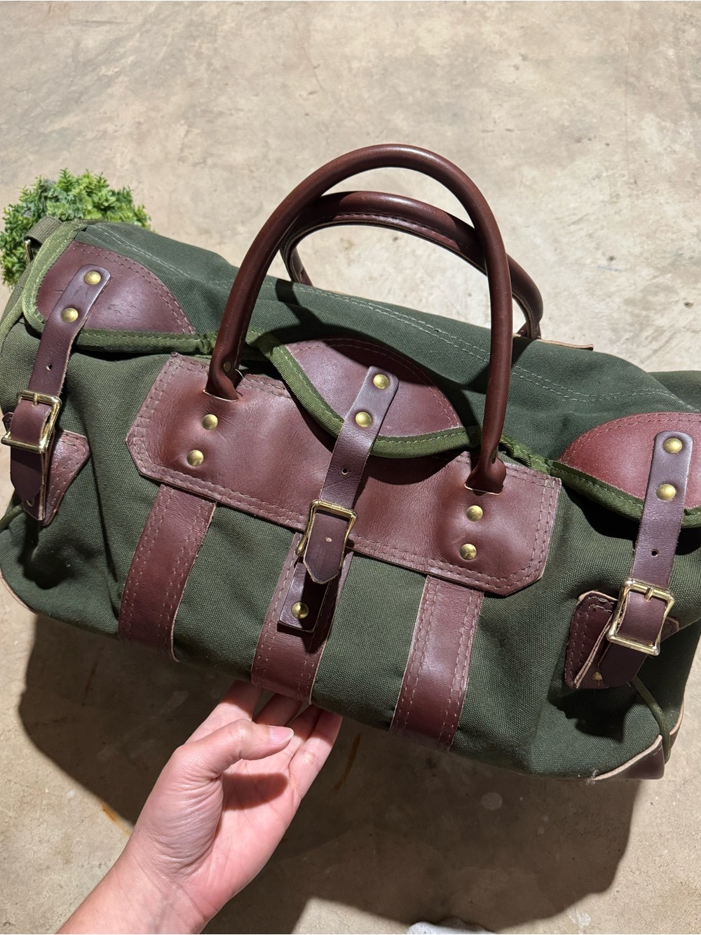 Vintage Green Canvas Leather Duffel Bag Equestrian Weekender Overnight
